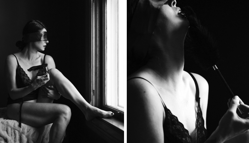Sensual black-and-white boudoir photos of woman in black lingerie wearing a satin blindfold holding feather during artistic boudoir session.