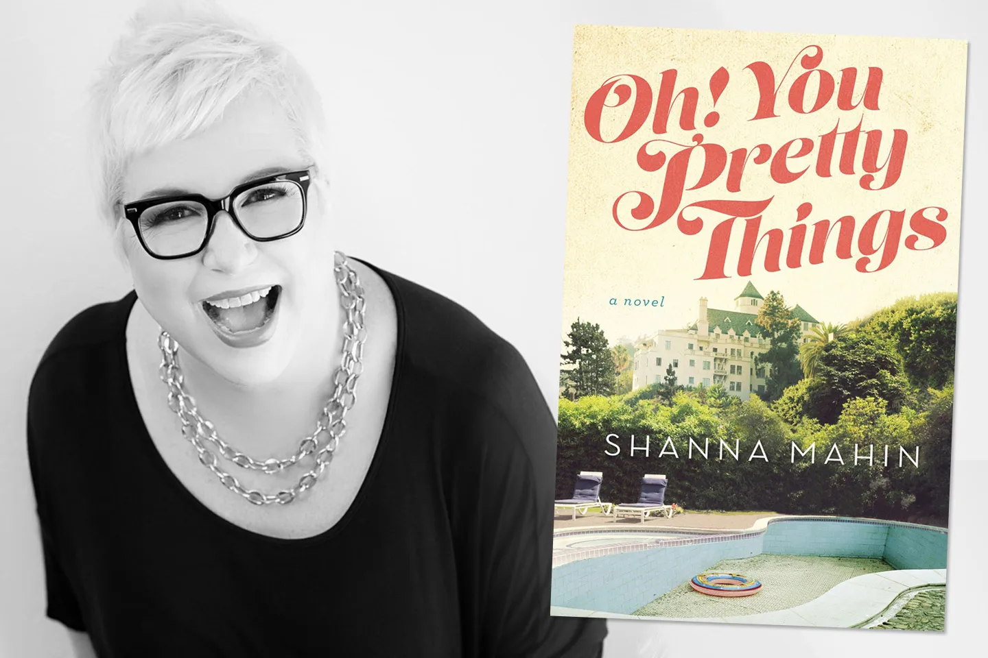 Photo of Shanna Mahin laughing with her novel "Oh! You Pretty Things" during session with Betsy McCue Pictures.